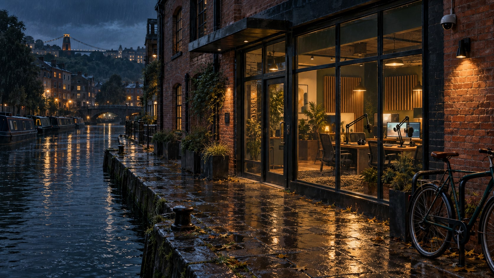 A modern podcast studio glowing beside the water in rainy Bristol
