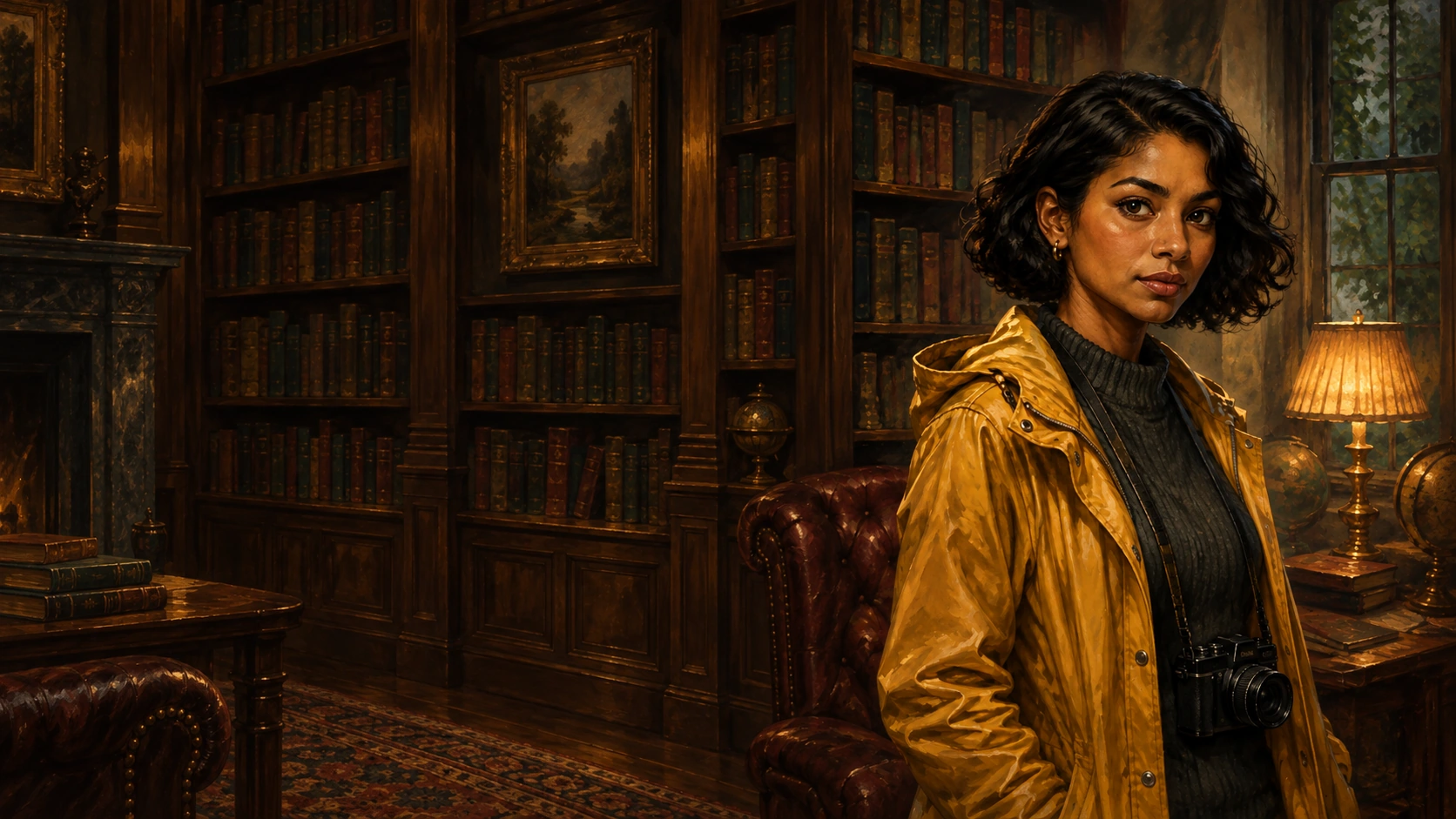 Nora Vale in her mustard raincoat, in the library