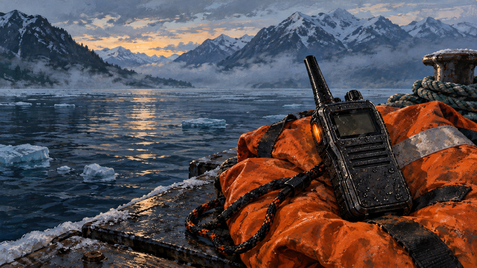 A handheld radio on an orange life jacket above a cold Alaskan fjord