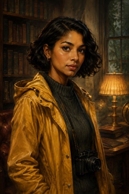 Nora Vale in her mustard raincoat, in the library