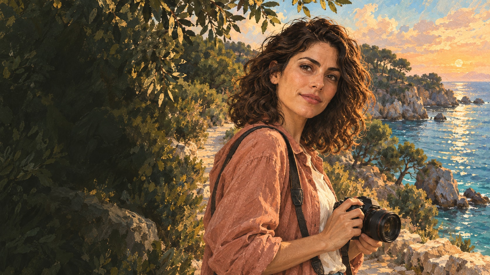 Clara Soler holding a camera on a rocky Costa Brava coast beneath olive trees