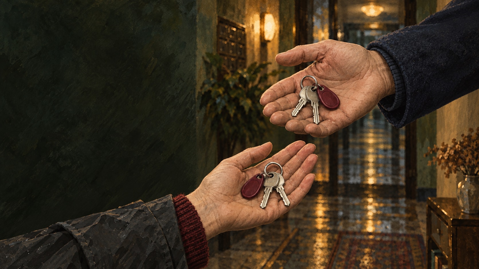 Two people comparing matching modern apartment keys in their open hands