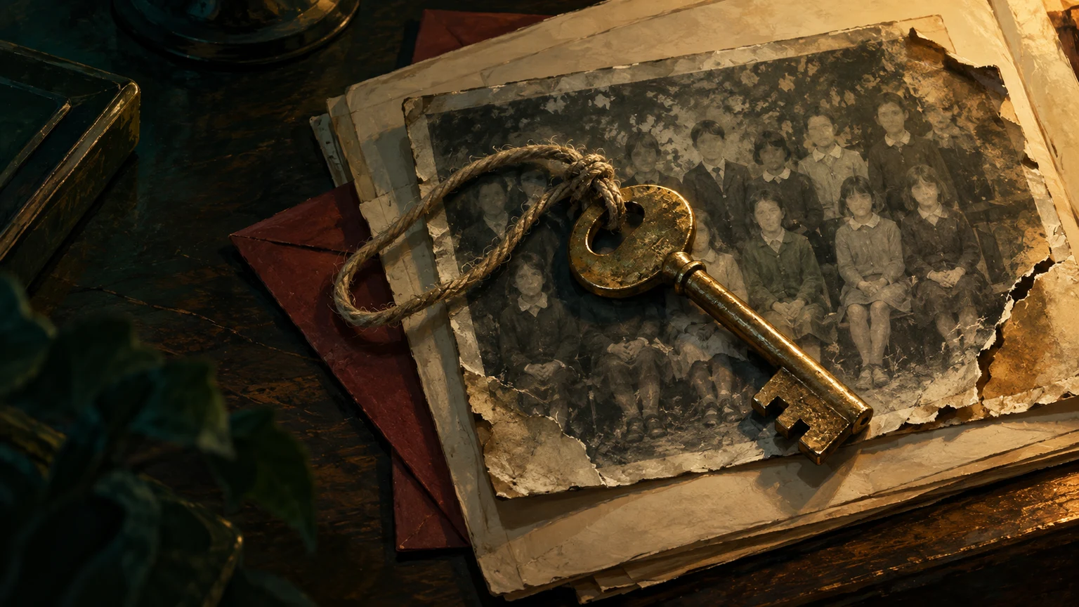 An old brass key on a scorched school photograph and archive papers